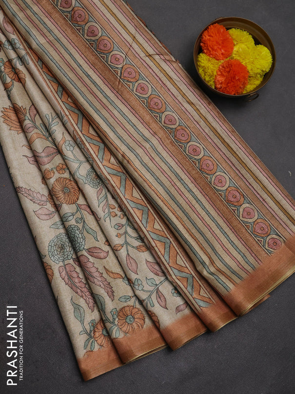 Semi tussar saree beige and dark mustard with allover prints and piping zari woven border