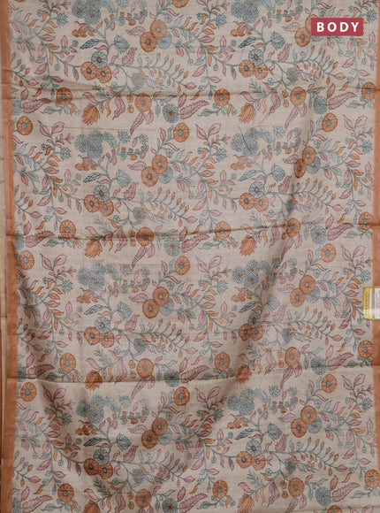 Semi tussar saree beige and dark mustard with allover prints and piping zari woven border