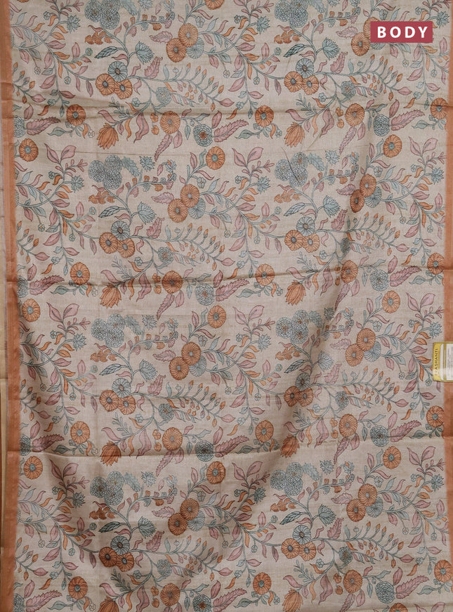 Semi tussar saree beige and dark mustard with allover prints and piping zari woven border