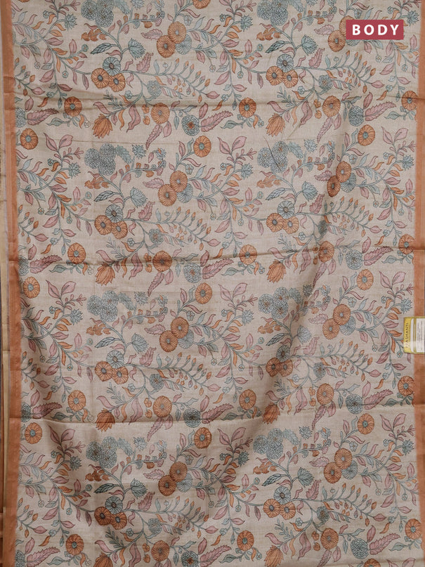 Semi tussar saree beige and dark mustard with allover prints and piping zari woven border