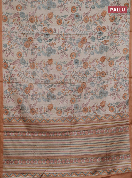 Semi tussar saree beige and dark mustard with allover prints and piping zari woven border
