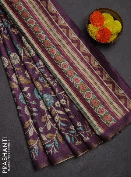 Semi tussar saree deep purple with allover prints and piping zari woven border