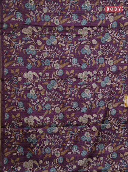 Semi tussar saree deep purple with allover prints and piping zari woven border