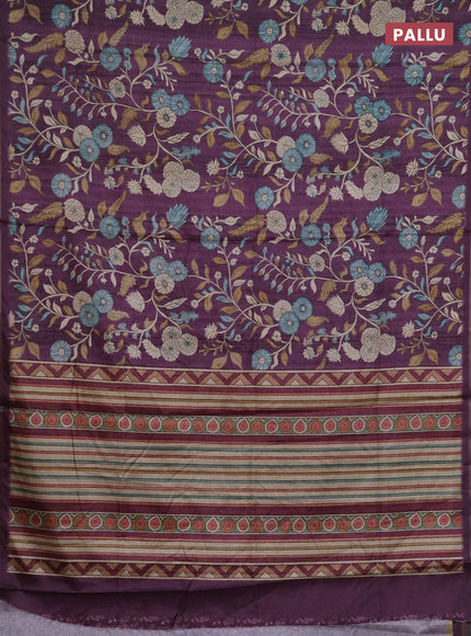 Semi tussar saree deep purple with allover prints and piping zari woven border