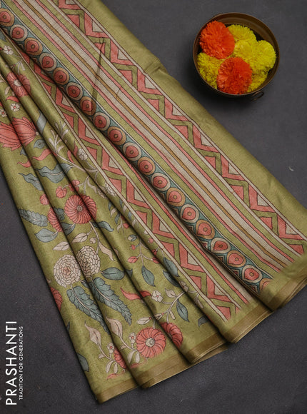 Semi tussar saree light green with allover prints and piping zari woven border