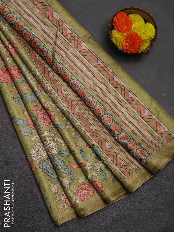 Semi tussar saree light green with allover prints and piping zari woven border