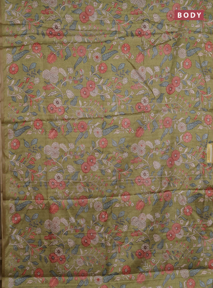Semi tussar saree light green with allover prints and piping zari woven border