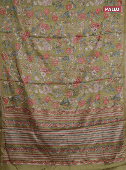Semi tussar saree light green with allover prints and piping zari woven border
