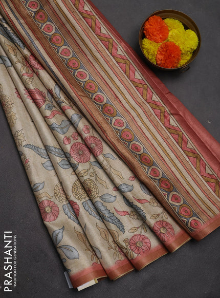 Semi tussar saree beige and pastel peach with allover prints and piping zari woven border