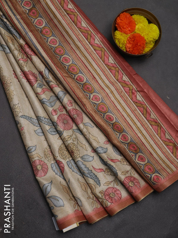 Semi tussar saree beige and pastel peach with allover prints and piping zari woven border