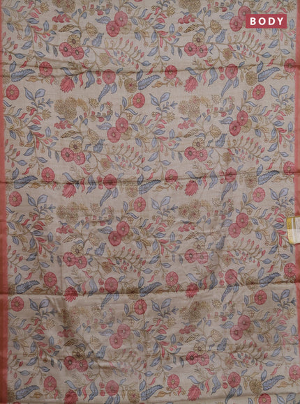 Semi tussar saree beige and pastel peach with allover prints and piping zari woven border