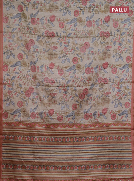 Semi tussar saree beige and pastel peach with allover prints and piping zari woven border
