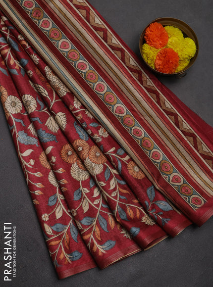 Semi tussar saree maroon with allover prints and piping zari woven border