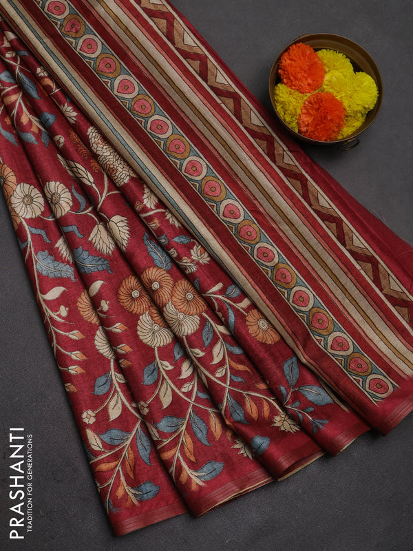 Semi tussar saree maroon with allover prints and piping zari woven border