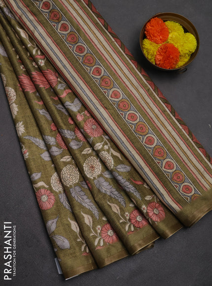 Semi tussar saree mehendi green with allover prints and piping zari woven border