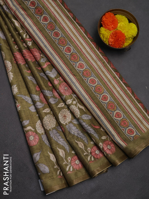 Semi tussar saree mehendi green with allover prints and piping zari woven border