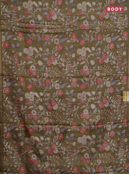 Semi tussar saree mehendi green with allover prints and piping zari woven border
