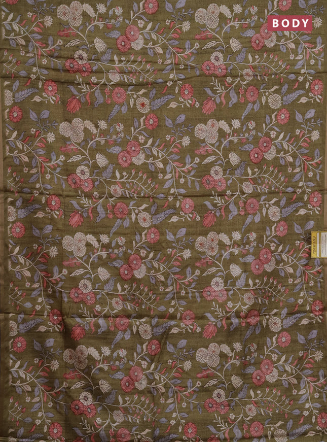 Semi tussar saree mehendi green with allover prints and piping zari woven border