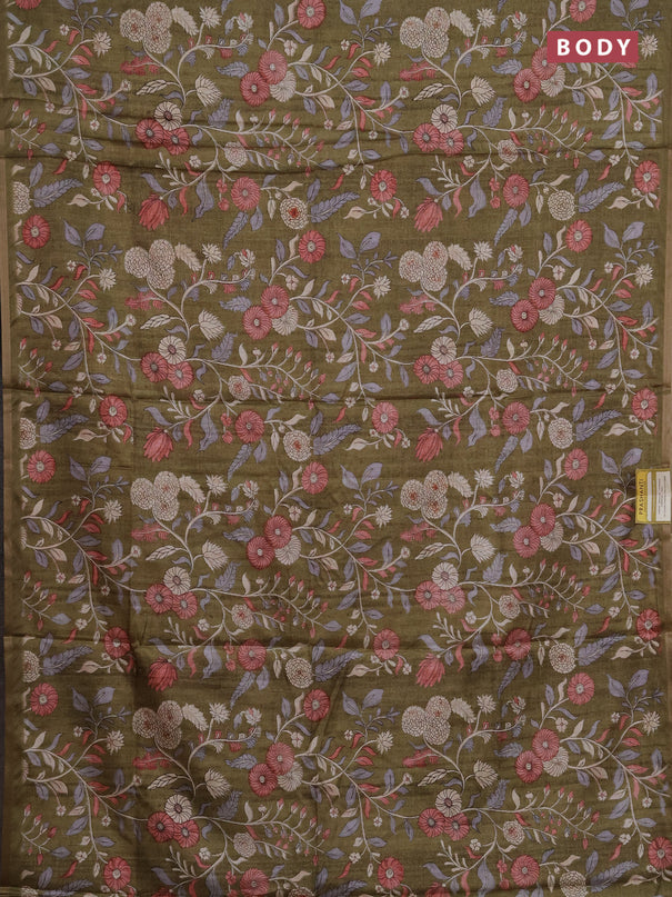 Semi tussar saree mehendi green with allover prints and piping zari woven border