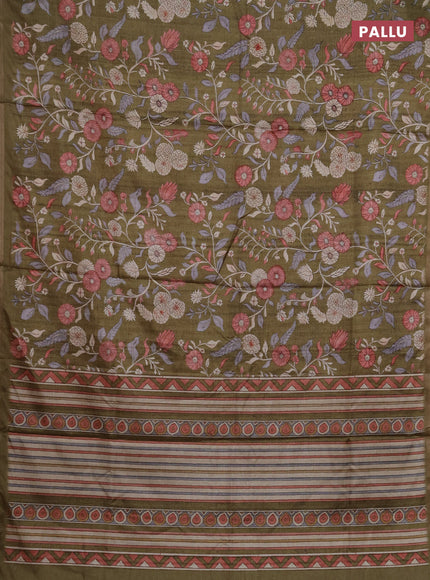 Semi tussar saree mehendi green with allover prints and piping zari woven border