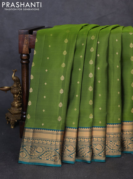 Pure soft silk saree light green and teal green with allover zari woven buttas and zari woven border