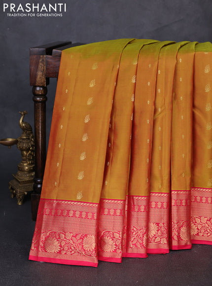 Pure soft silk saree mustard green and pink with allover zari woven buttas and zari woven border