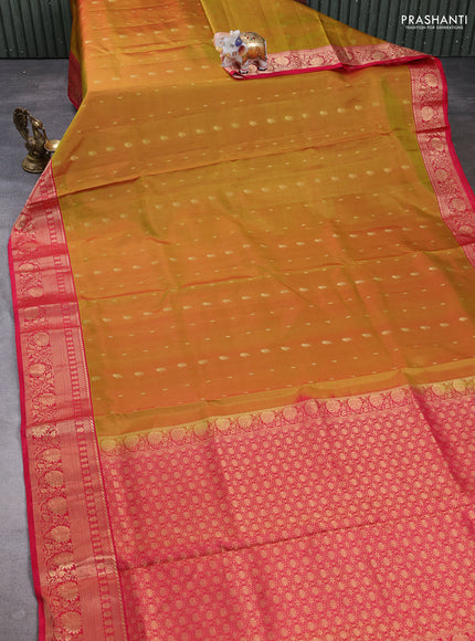 Pure soft silk saree mustard green and pink with allover zari woven buttas and zari woven border