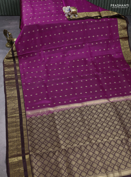 Pure soft silk saree magenta pink and coffee brown with allover zari woven buttas and zari woven border