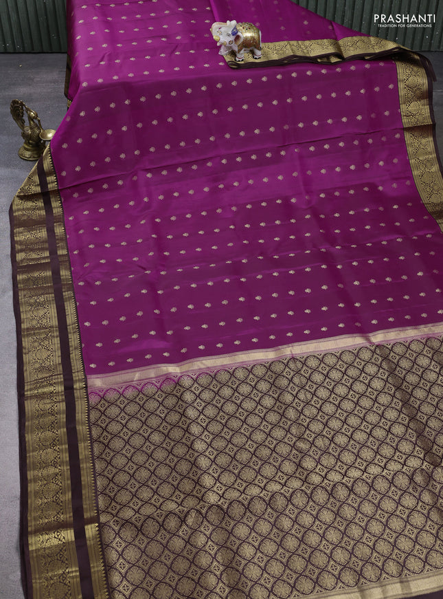 Pure soft silk saree magenta pink and coffee brown with allover zari woven buttas and zari woven border