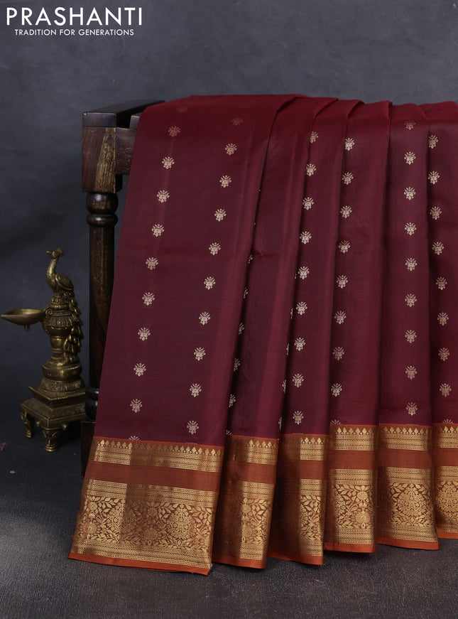 Pure soft silk saree deep maroon and orange with allover zari woven buttas and zari woven border