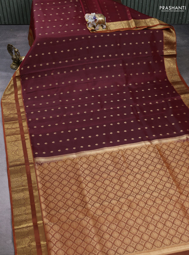 Pure soft silk saree deep maroon and orange with allover zari woven buttas and zari woven border