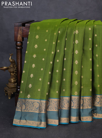 Pure soft silk saree green and peacock blue with allover zari woven buttas and zari woven border