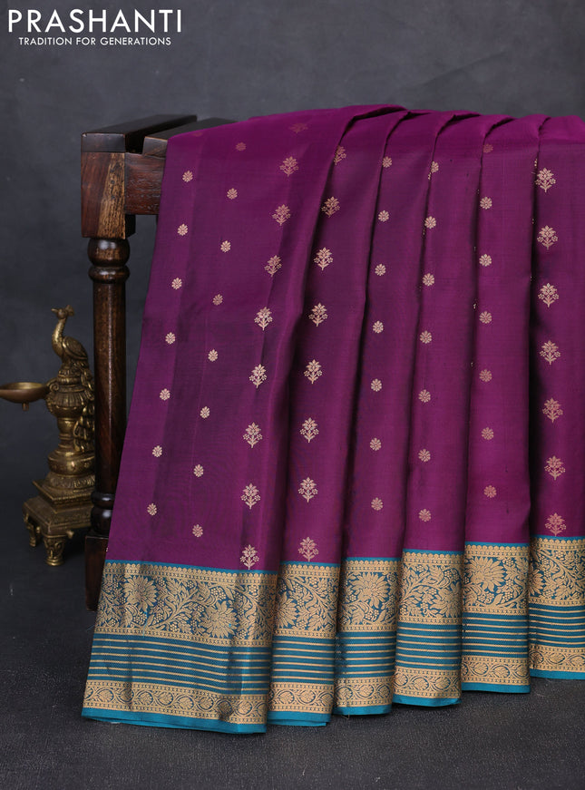 Pure soft silk saree purple and peacock blue with allover zari woven buttas and zari woven border
