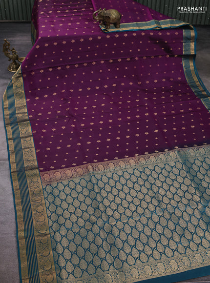 Pure soft silk saree purple and peacock blue with allover zari woven buttas and zari woven border