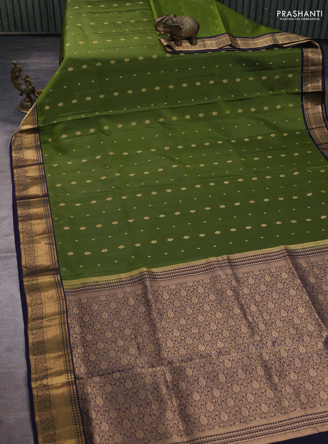 Pure soft silk saree mehendi green and navy blue with allover zari woven buttas and zari woven border