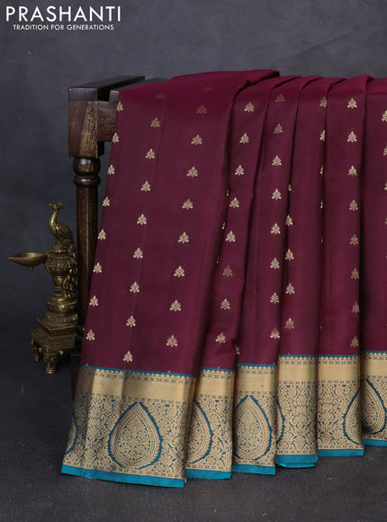 Pure soft silk saree deep wine shade and peacock green with allover zari woven buttas and zari woven border