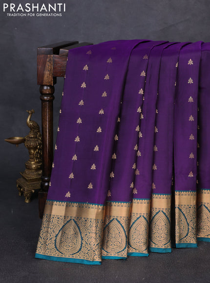 Pure soft silk saree violet and peacock green with allover zari woven buttas and zari woven border