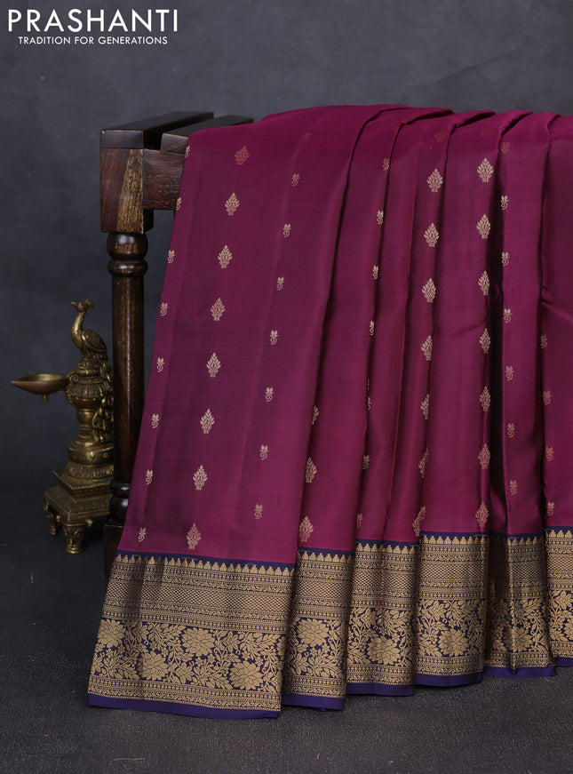 Pure soft silk saree magenta pink and navy blue with allover zari woven buttas and zari woven border
