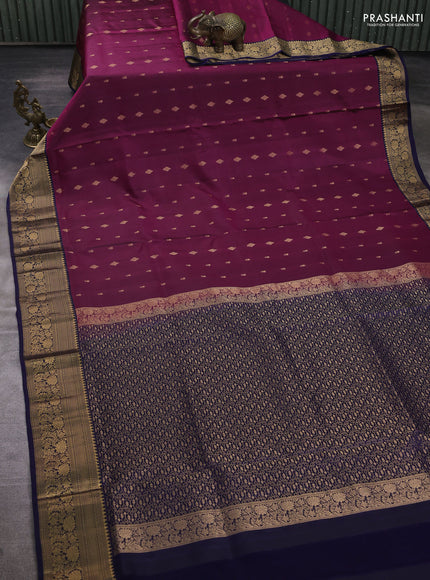 Pure soft silk saree magenta pink and navy blue with allover zari woven buttas and zari woven border