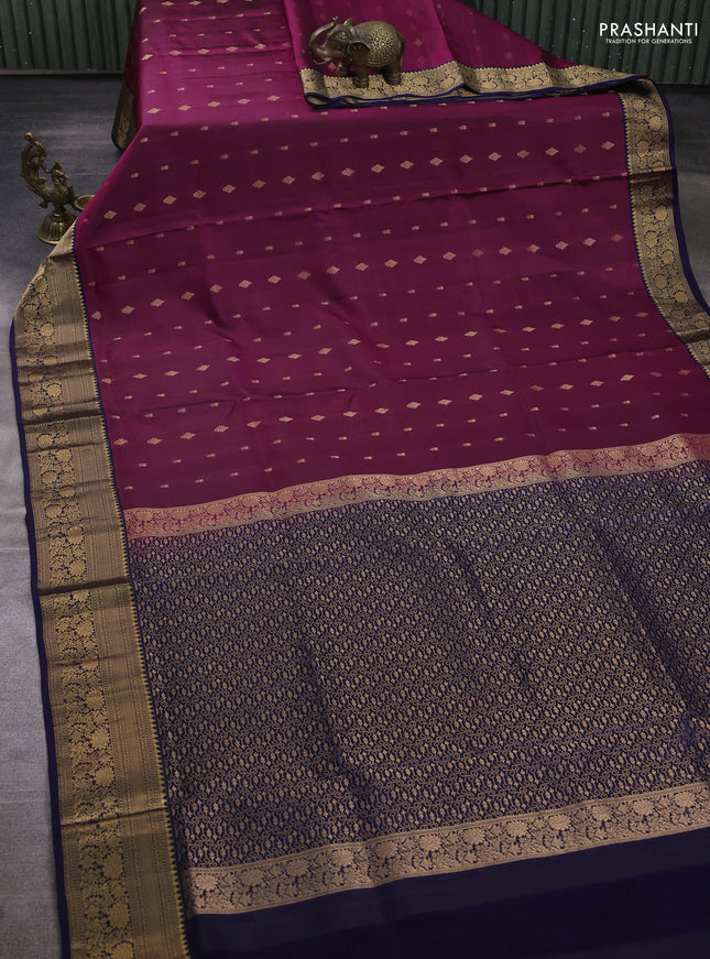 Pure soft silk saree magenta pink and navy blue with allover zari woven buttas and zari woven border