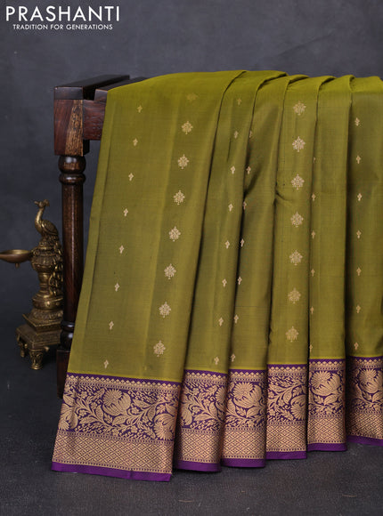 Pure soft silk saree mehendi green and purple with allover zari woven buttas and zari woven border
