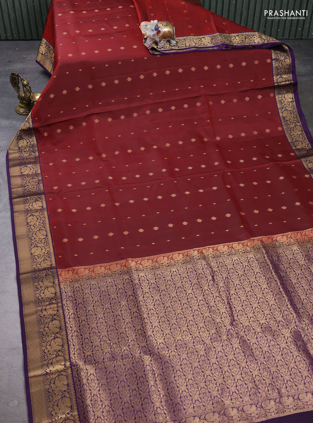 Pure soft silk saree deep maroon and purple with allover zari woven buttas and zari woven border