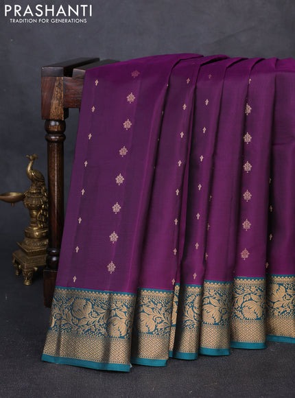 Pure soft silk saree purple and peacock green with allover zari woven buttas and zari woven border
