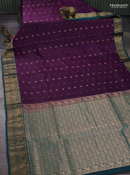 Pure soft silk saree purple and peacock green with allover zari woven buttas and zari woven border