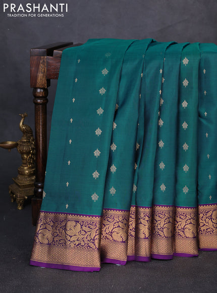 Pure soft silk saree peacock green and purple with allover zari woven buttas and zari woven border