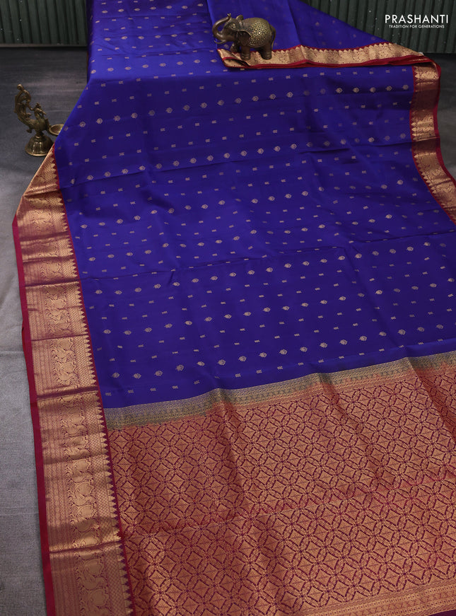 Pure soft silk saree blue and maroon with allover zari woven buttas and zari woven border