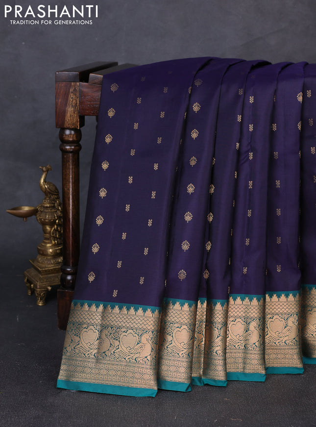 Pure soft silk saree navy blue and teal green with allover zari woven buttas and zari woven border