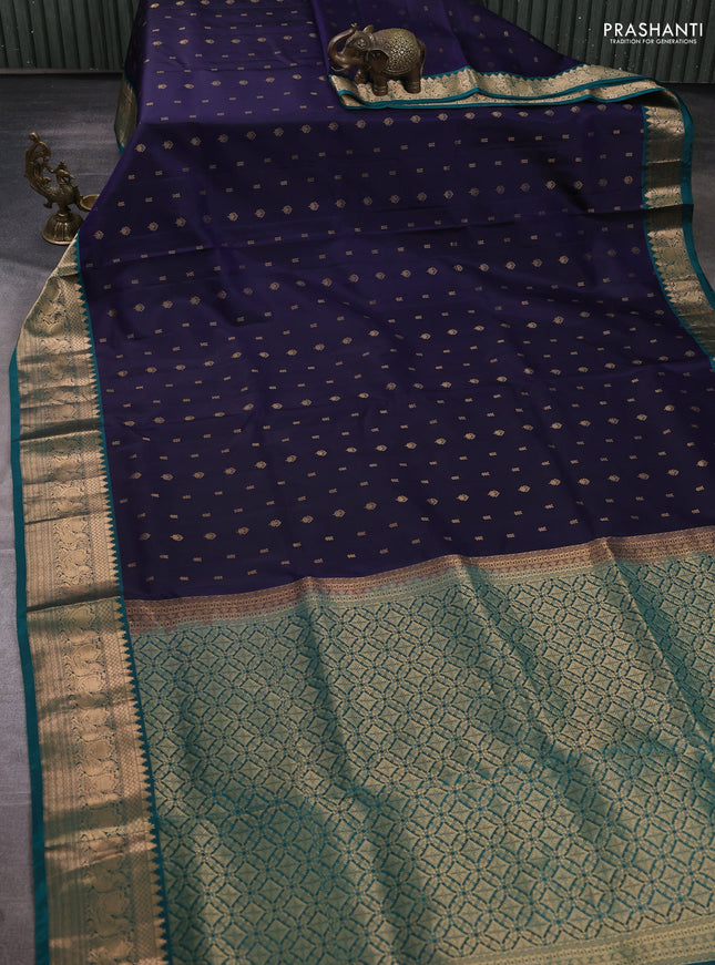 Pure soft silk saree navy blue and teal green with allover zari woven buttas and zari woven border