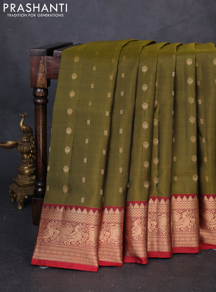 Pure soft silk saree mehendi green and maroon with allover zari woven buttas and zari woven border