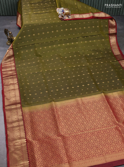 Pure soft silk saree mehendi green and maroon with allover zari woven buttas and zari woven border